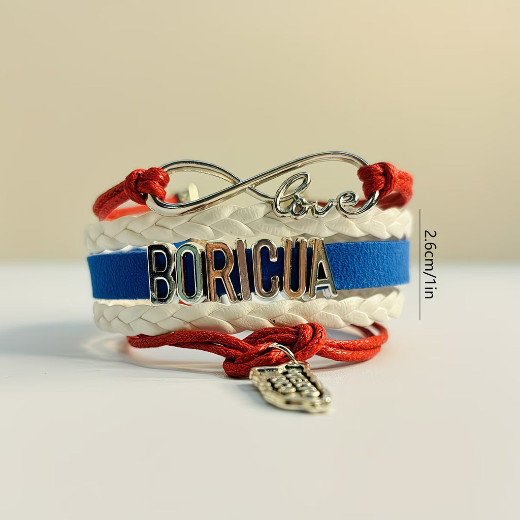 Pulsera Boricua Puerto Rico | Mapa y Corazón | Cuero Trenzado Rojo Blanco Azul | Unisex