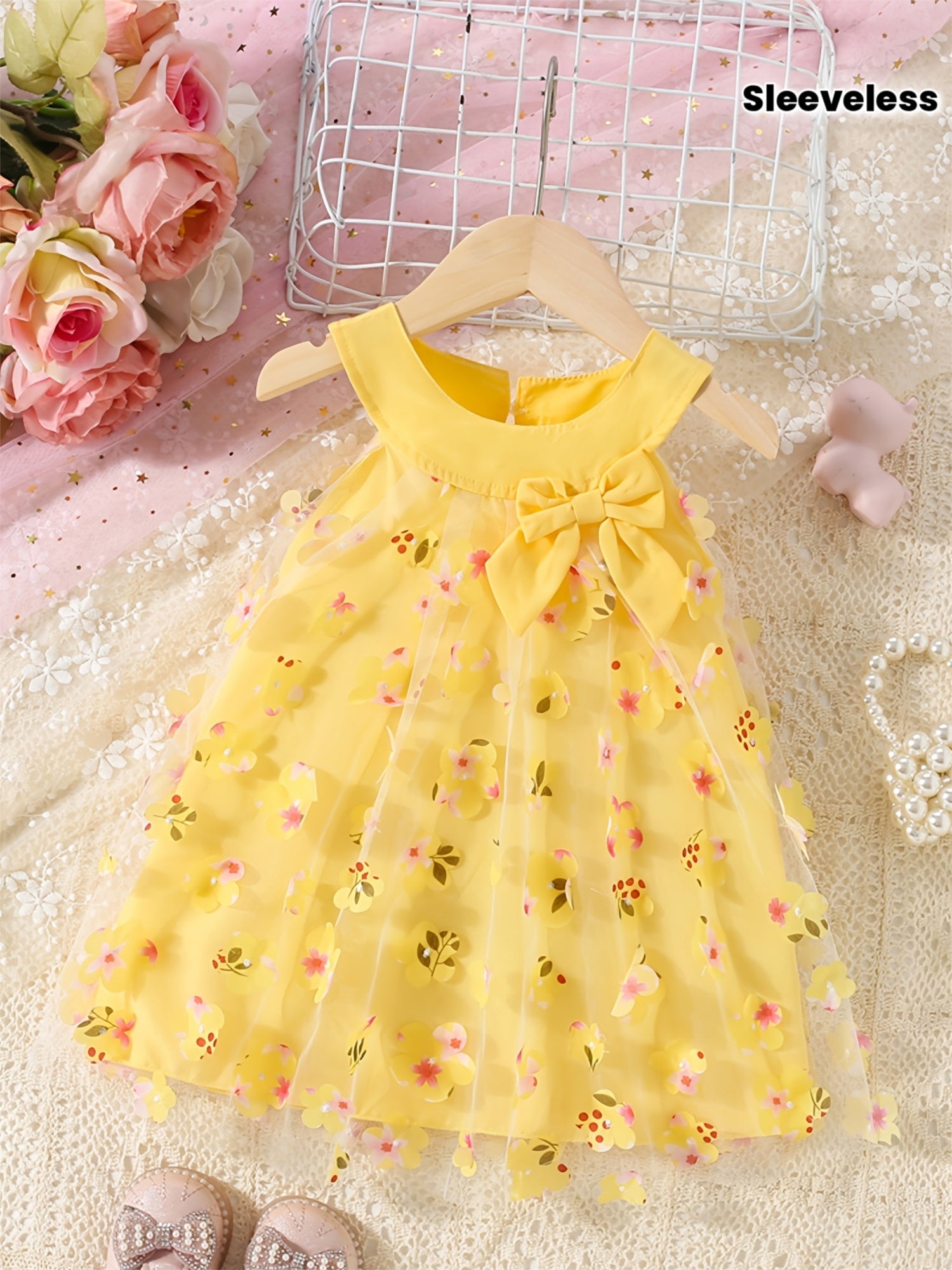 Vestido Veraniego para Bebé y Niña | Sin Mangas, Lazo y Tul Floral | Tallas 3M a 2-3 Años