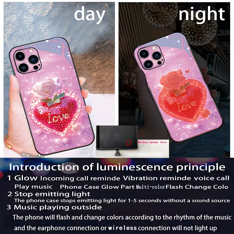Funda iPhone Fresa Love de día y de noche con luz LED activada por sonido — 7 colores cambiantes