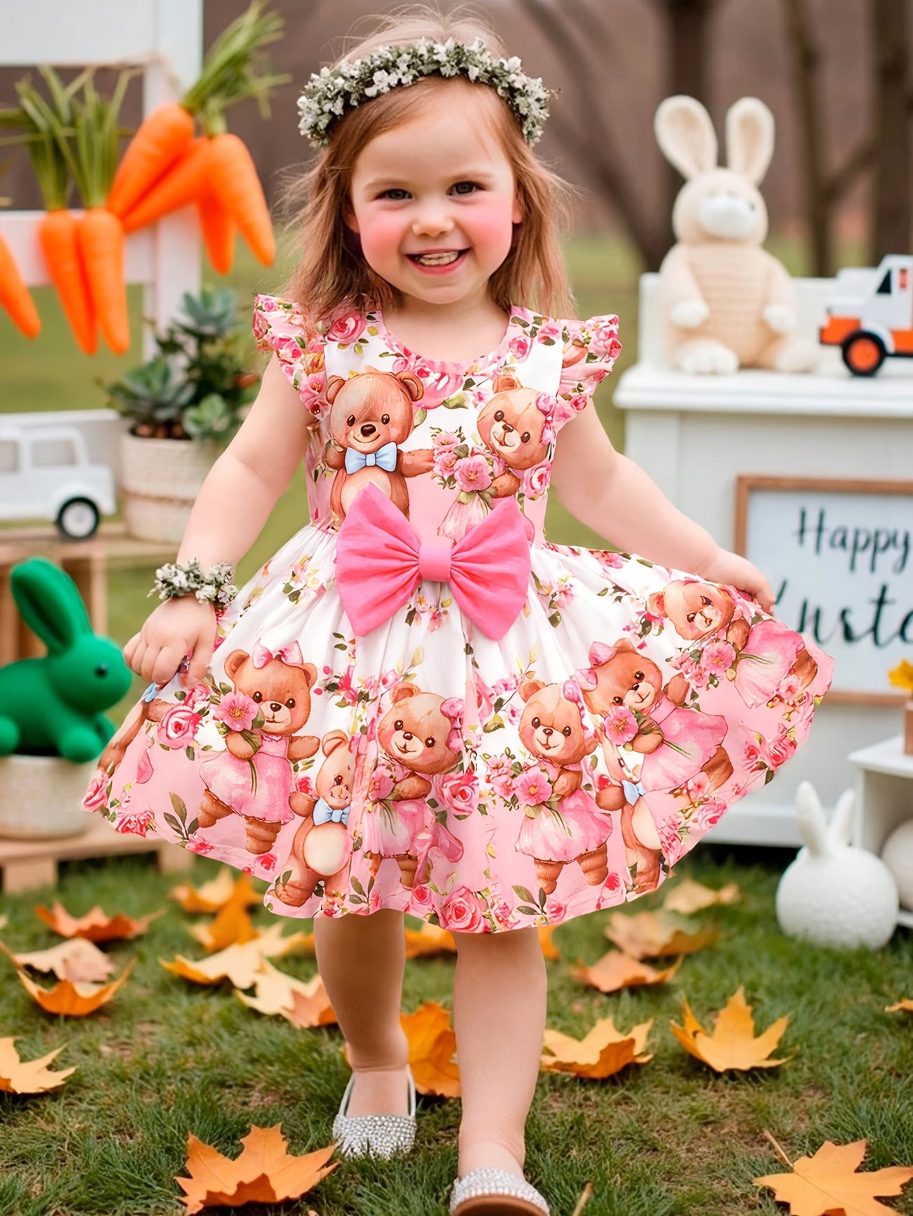 Vestido de Bebé con Ositos y Flores | Lazo Rosa | Sin Mangas | Tallas 0 a 3 Años
