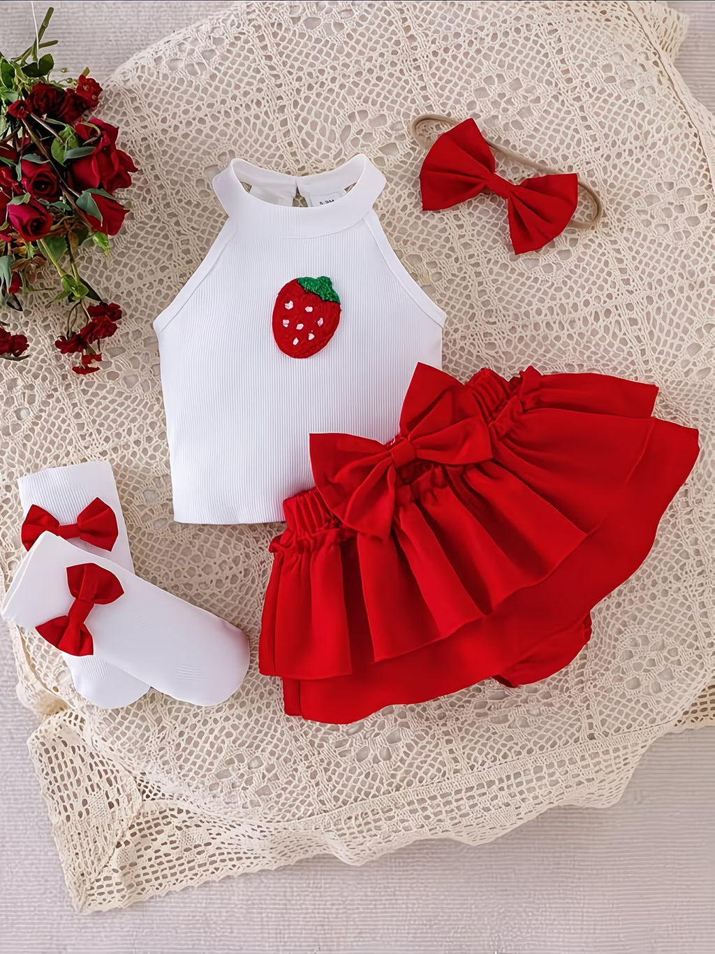 Detalle del top halter de fresa y falda de pastel con lazo rojo para niña
