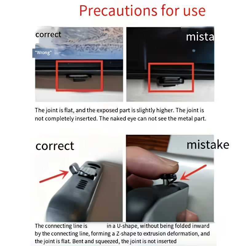Precauciones de uso de la funda luminosa — cómo insertar correctamente el conector en forma de U, correcto vs incorrecto