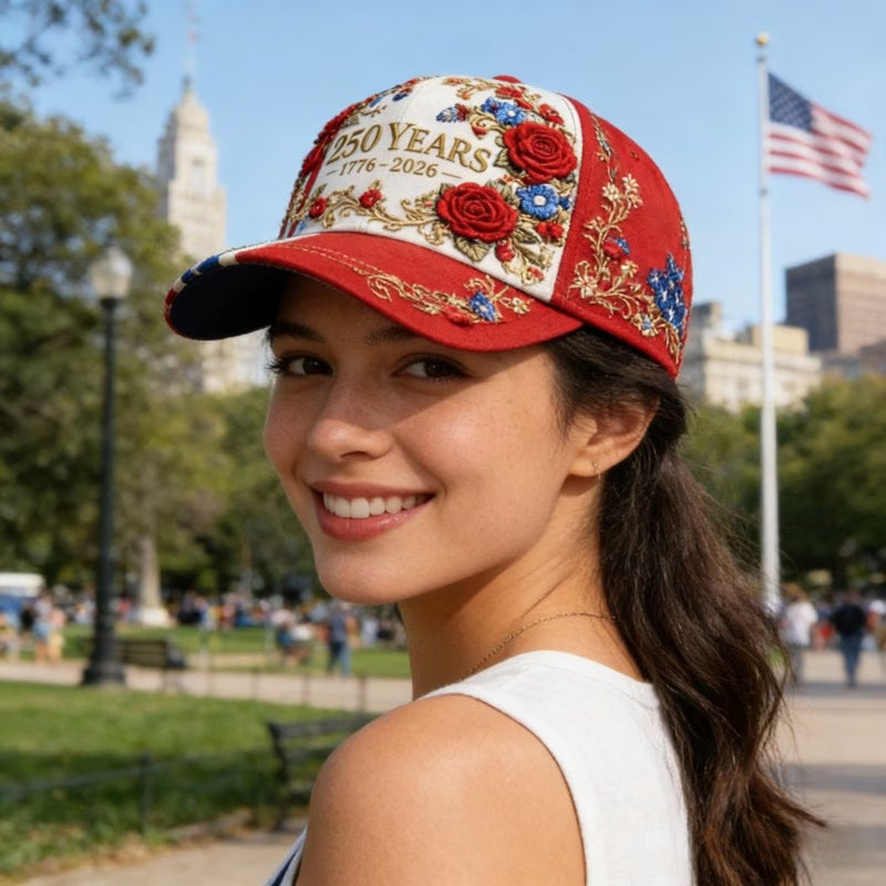 Gorra Mujer 250 Aniversario USA | Rosas 3D y Bandera | Talla Única Ajustable | 1776-2026