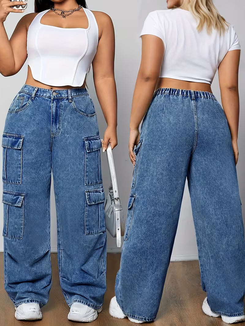 Pantalones cargo de mezclilla azules para mujer, tallas grandes
