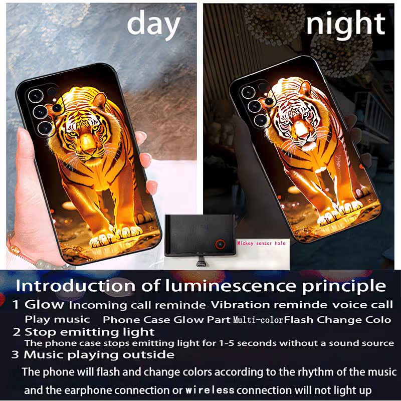 Funda luminosa diseño tigre de fuego — de día elegante, de noche iluminada en 7 colores — principio de luminiscencia — Soñando en Azul laferiadejulio.co