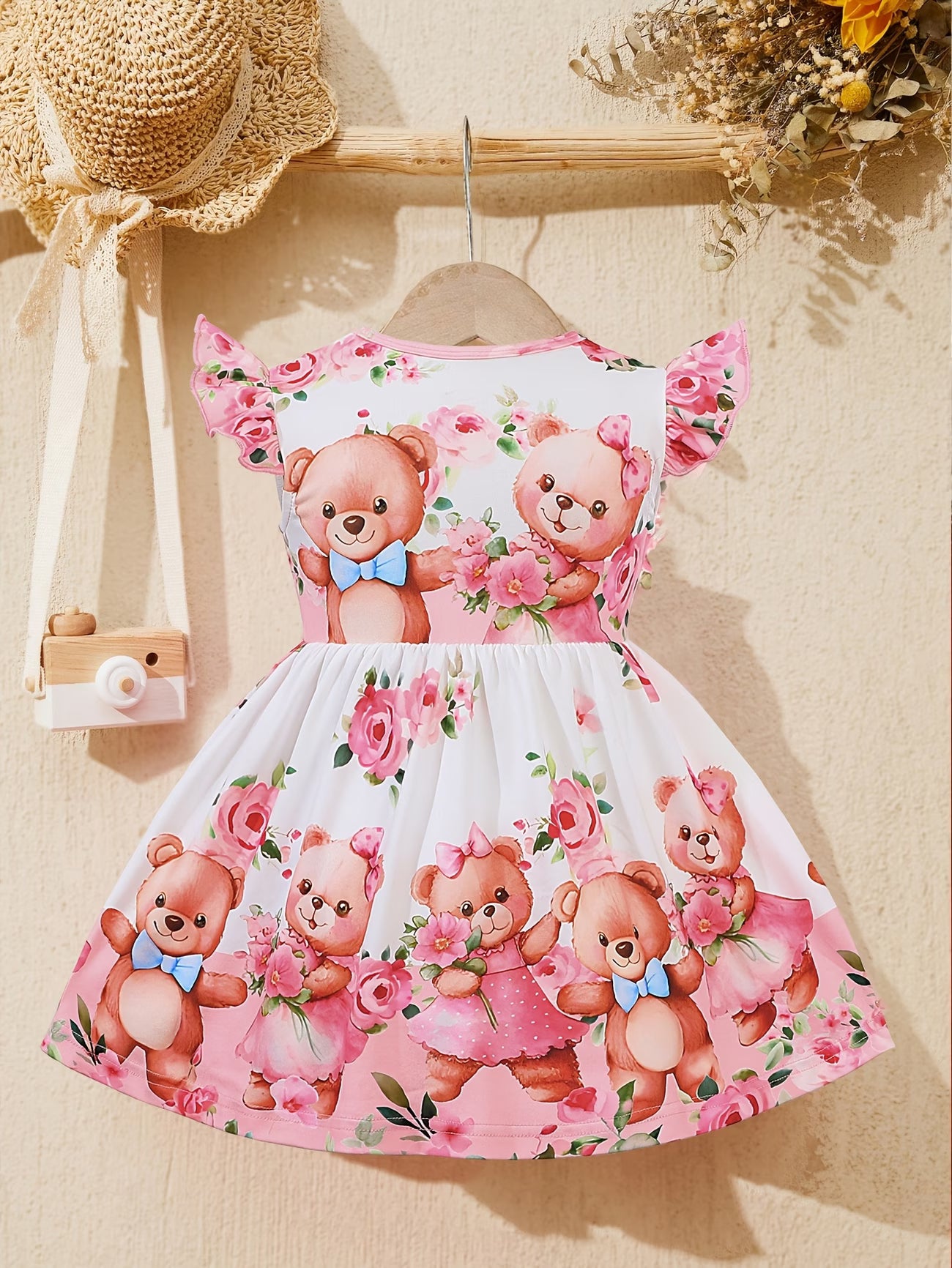 Vestido de Bebé con Ositos y Flores | Lazo Rosa | Sin Mangas | Tallas 0 a 3 Años