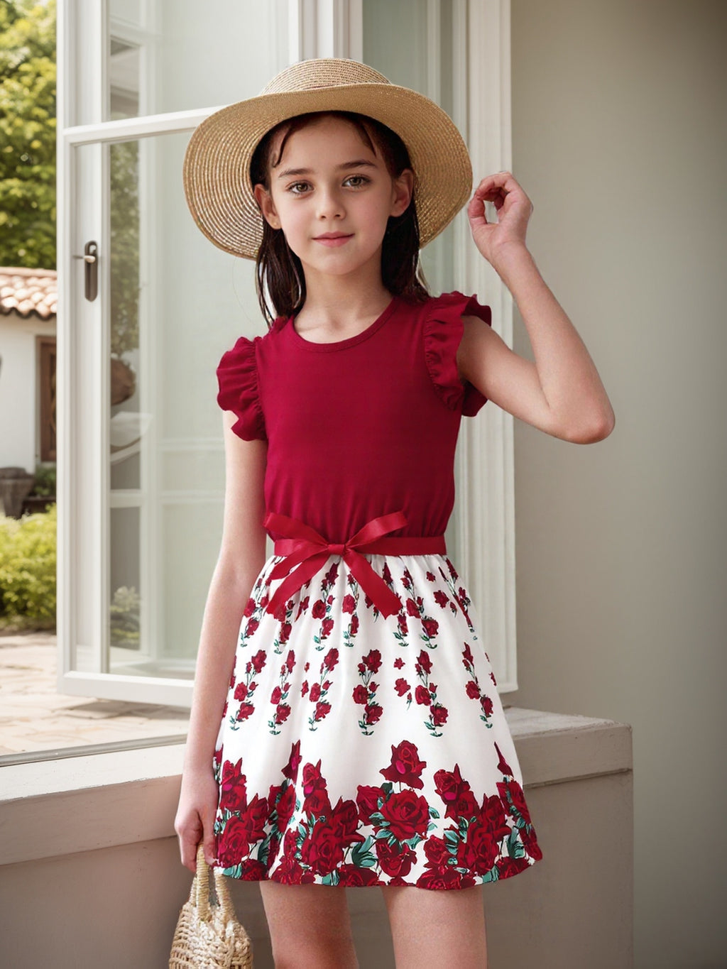 Vestido Midi de Rosas para Niña | Cuerpo Borgoña, Falda Floral, Lazito en Cintura | Tallas 1-2 a 7-8 Años