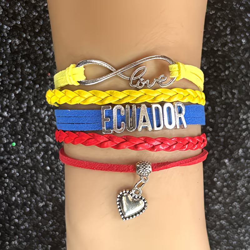 Pulsera Ecuador | Cuero Trenzado Amarillo Azul Rojo | Dije Corazón | Unisex