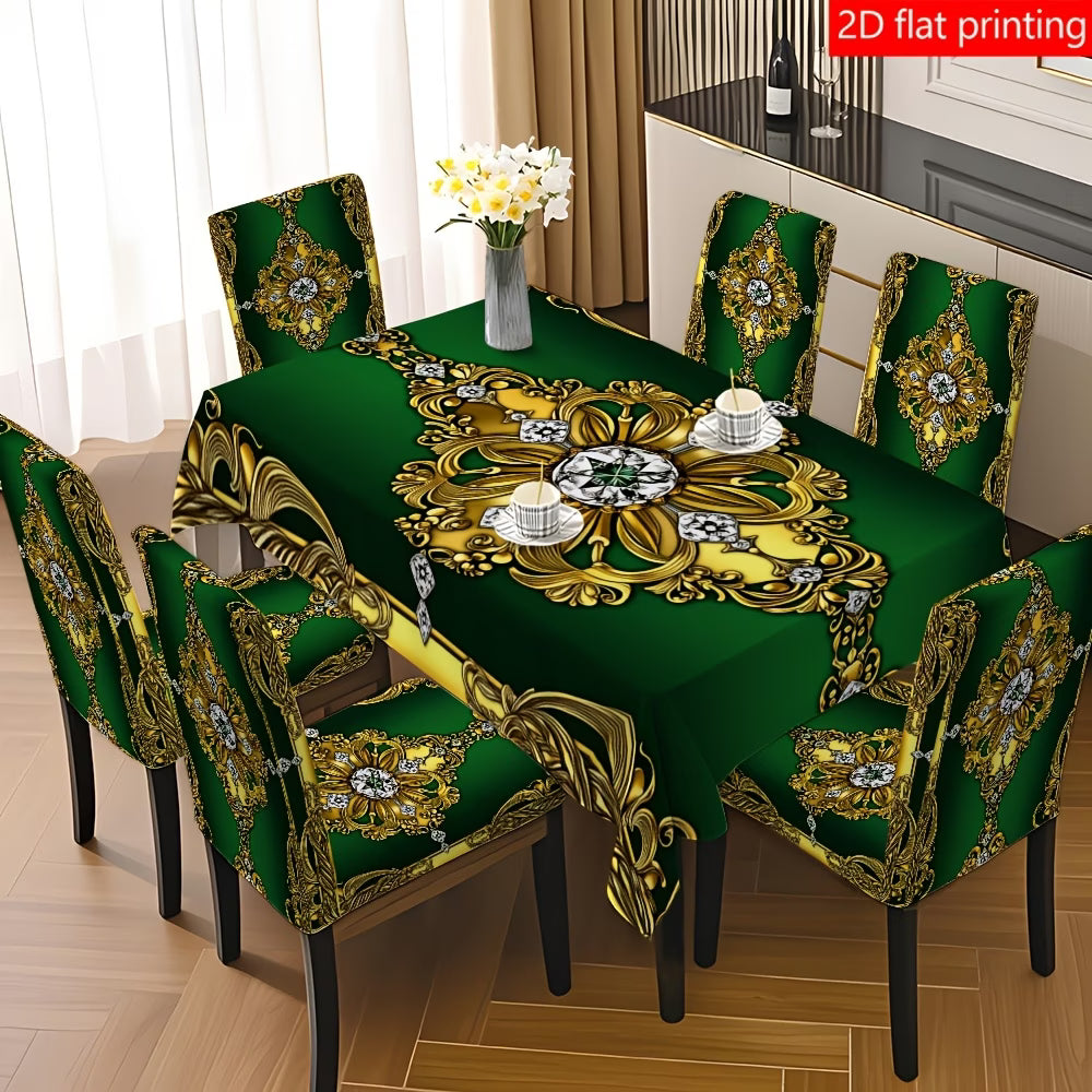 Mantel Verde Esmeralda con Ornamentos Dorados 💚✨ | Juego 1, 5 o 7 Piezas | Impresion 2D Plana