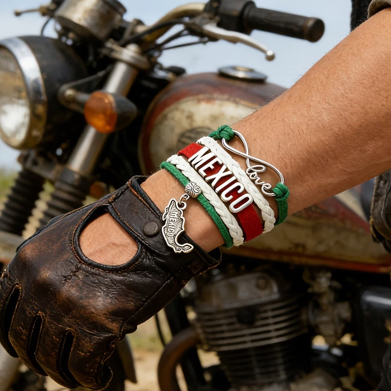 Pulsera México Love Infinity | Cuero Trenzado Verde Blanco Rojo | Dije Mapa México | Unisex