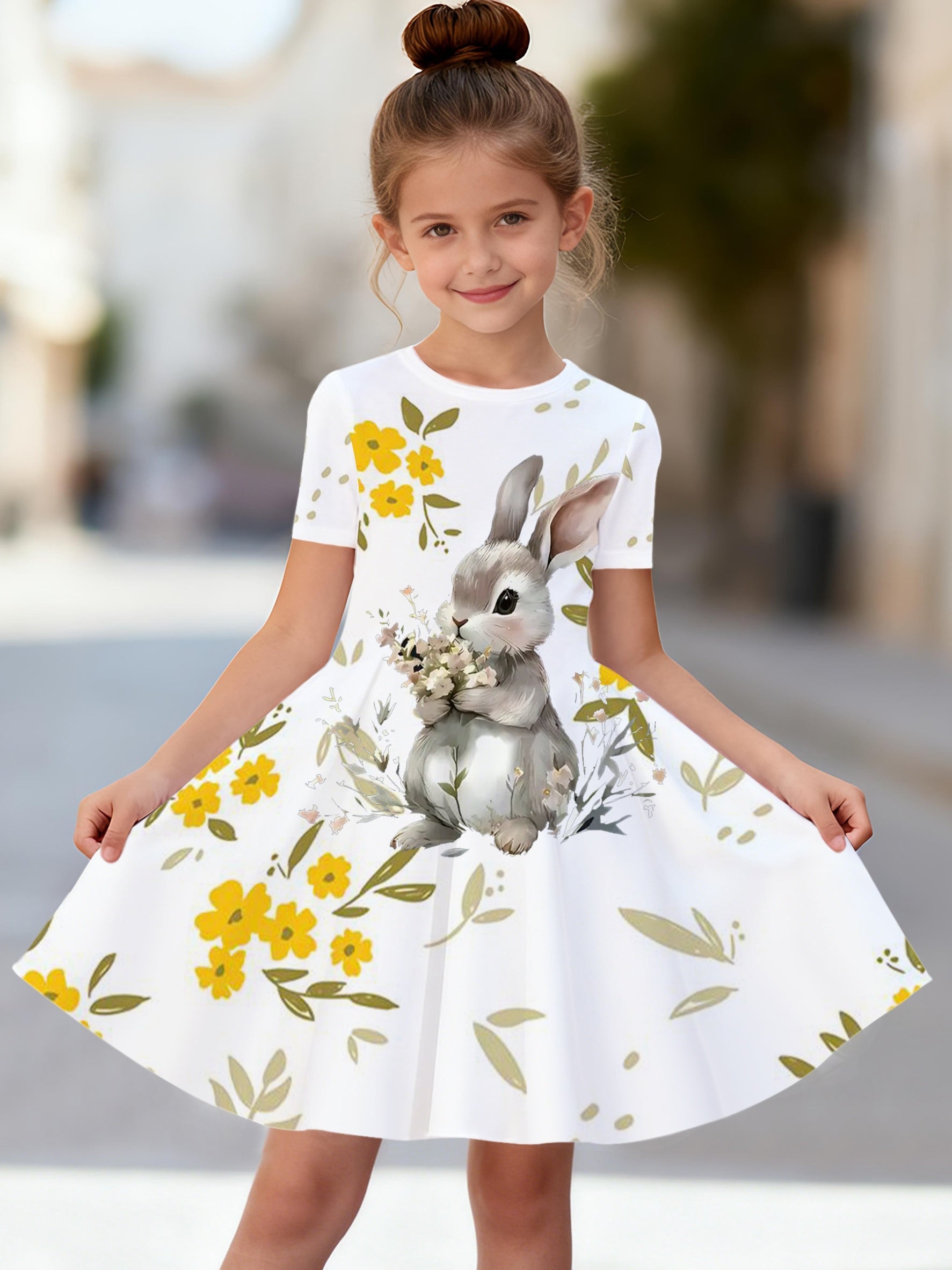 Vestido de Verano con Conejito 3D para Niña | Flores Amarillas, Manga Corta, Falda Acampanada | Tallas 3-4 a 11-12 Años
