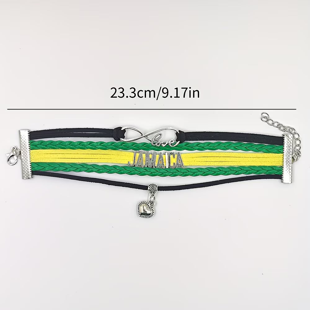 Pulsera Jamaica | Cuero Trenzado Verde Amarillo Negro | Dije JAMAICA | Estilo Boho | Unisex