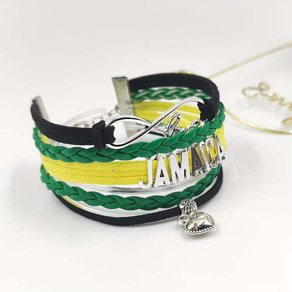 Pulsera Jamaica | Cuero Trenzado Verde Amarillo Negro | Dije JAMAICA | Estilo Boho | Unisex