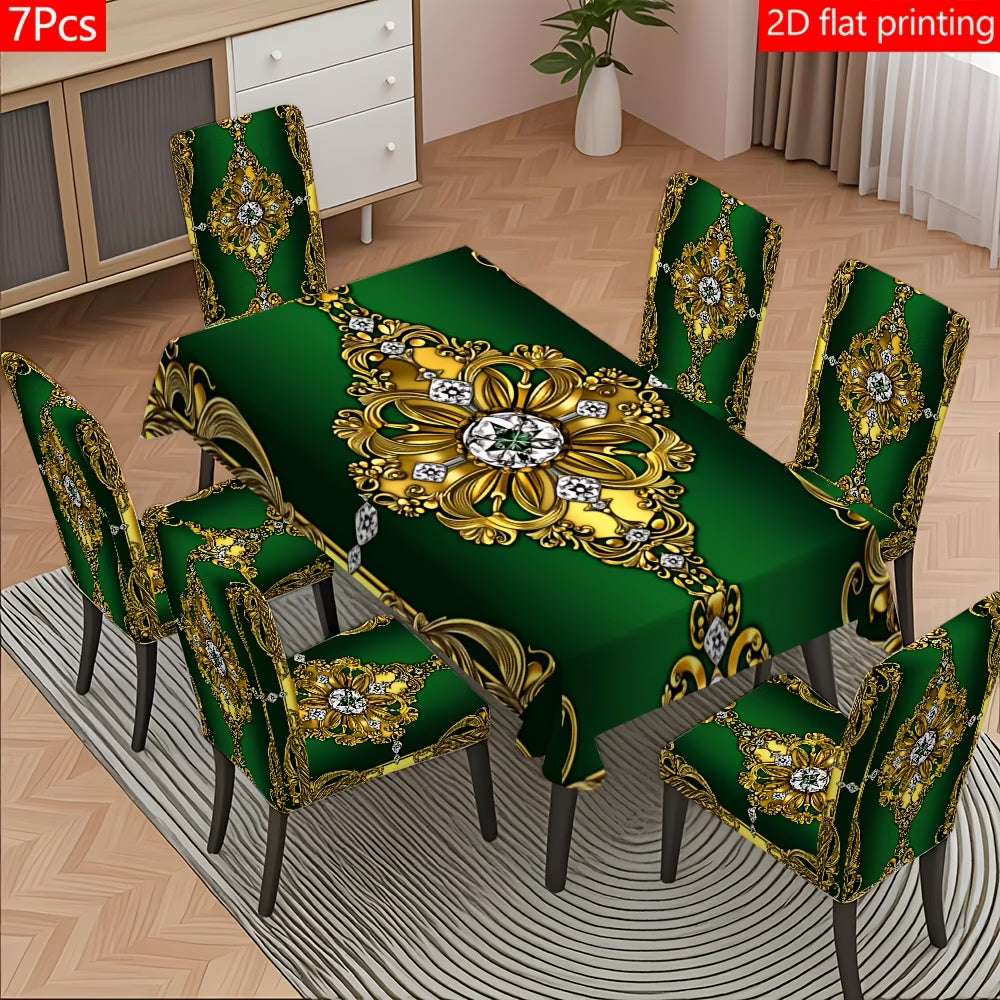 Mantel Verde Esmeralda con Ornamentos Dorados 💚✨ | Juego 1, 5 o 7 Piezas | Impresion 2D Plana
