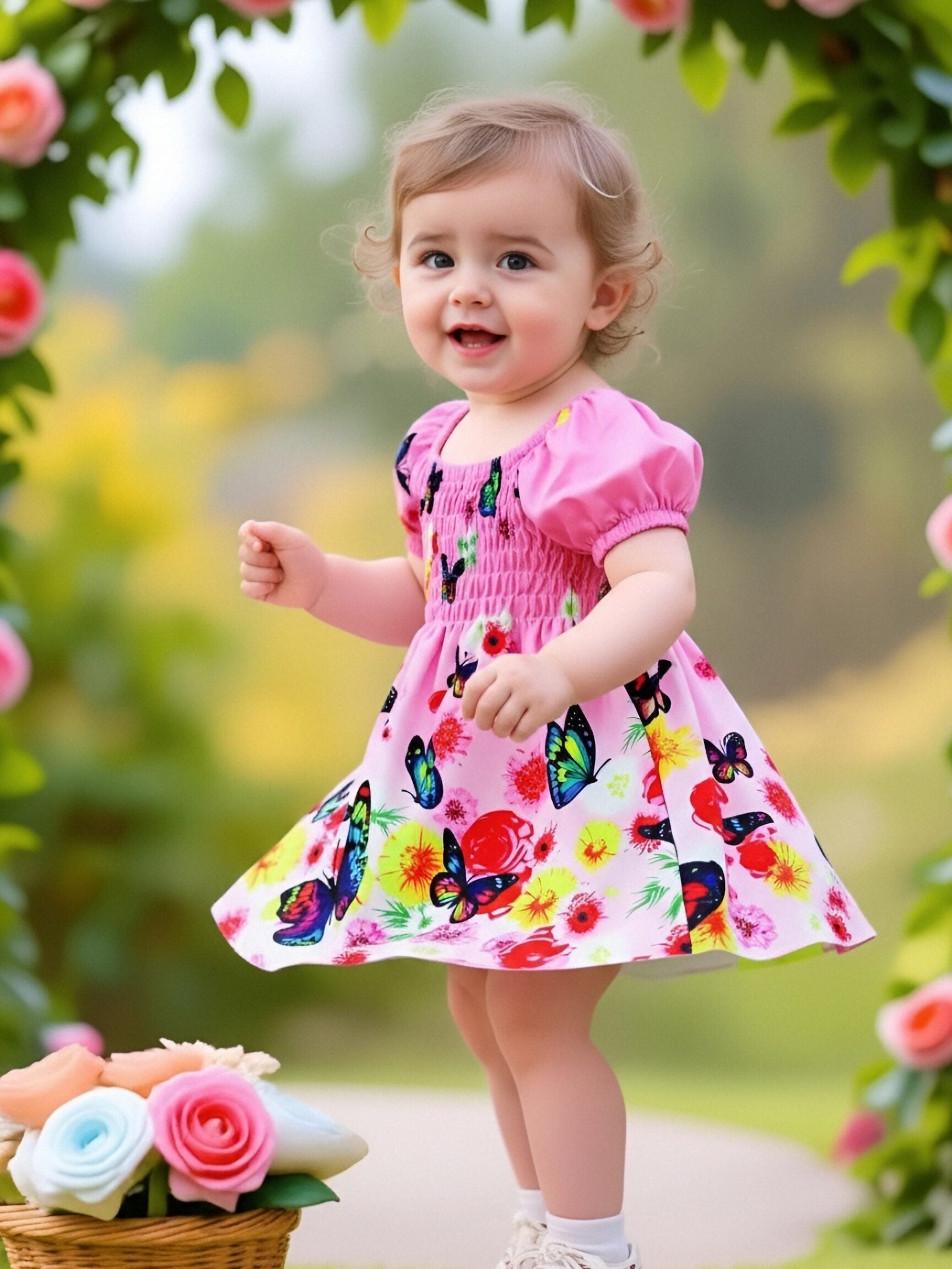 Vestido Rosa con Mariposas y Flores para Bebé y Niña | Manga Burbuja | Tallas 6M a 2-3 Años