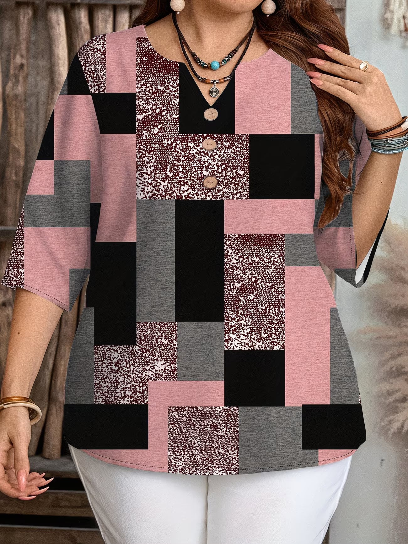Blusa Plus Size para Mujer | Estampado Geométrico, Manga 3/4, Cuello en V | Tallas 1XL a 5XL
