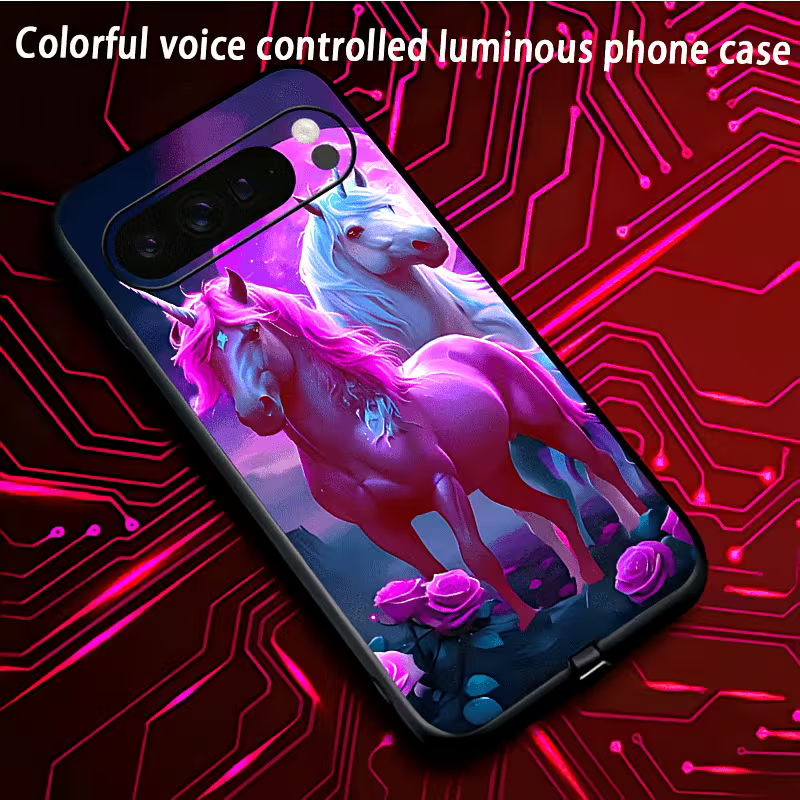 funda de teléfono controlada por voz diseño caballo y unicornio,luminos