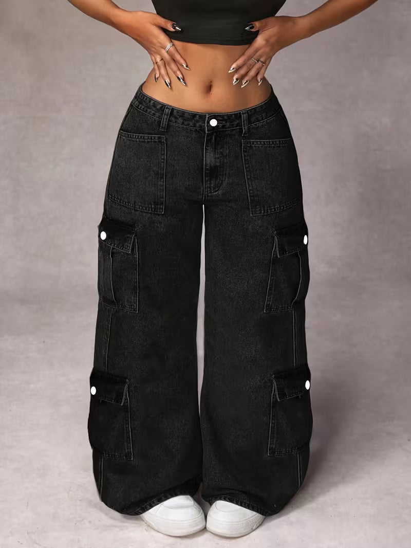 Pantalones cargo de mezclilla,  en negro para mujer de pierna ancha, casuales y elegantes