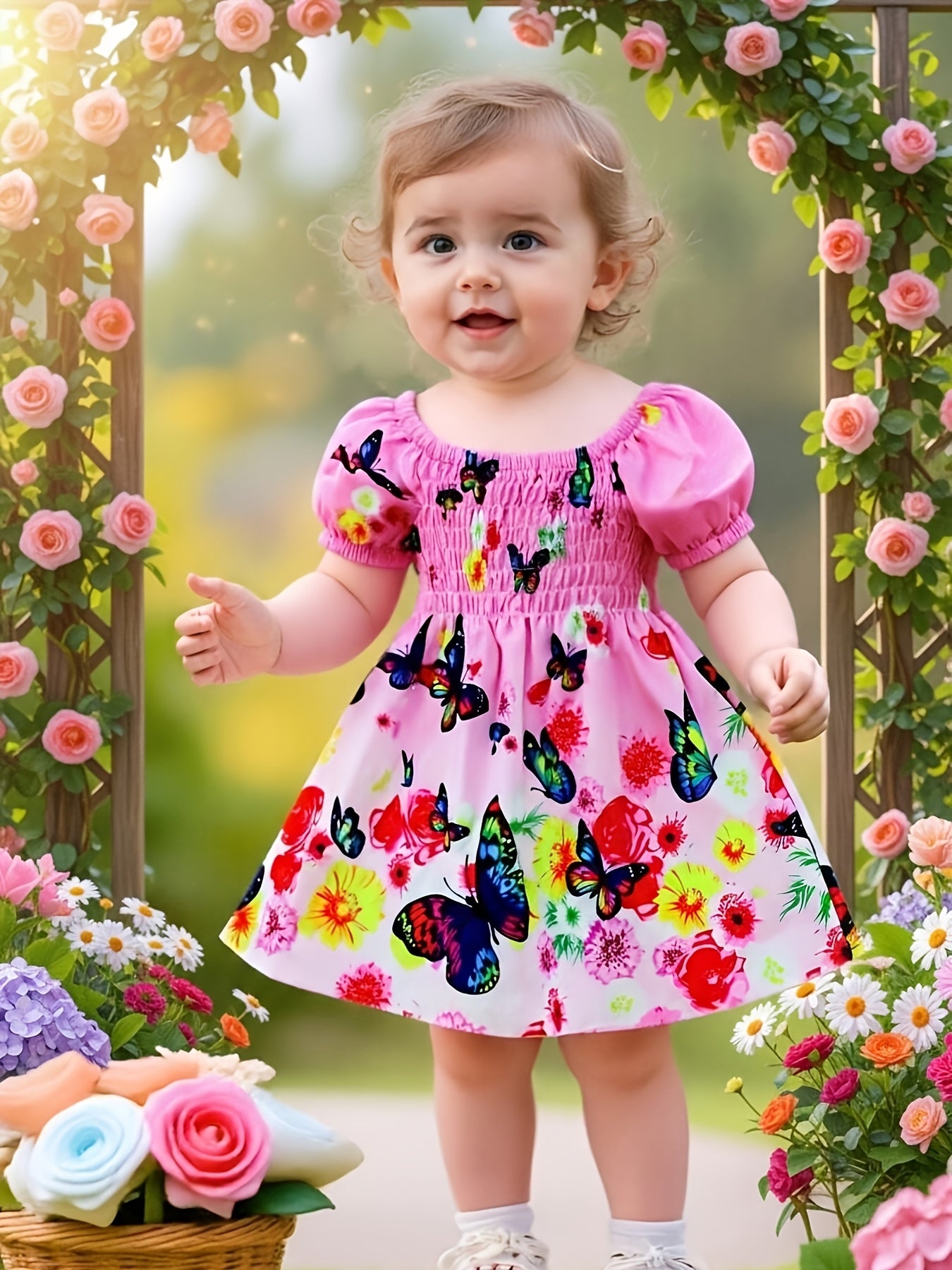 Vestido Rosa con Mariposas y Flores para Bebé y Niña | Manga Burbuja | Tallas 6M a 2-3 Años