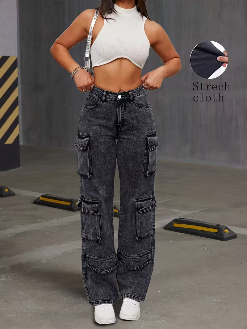 Jeans cargo negros para mujer de pierna recta, tallas grandes