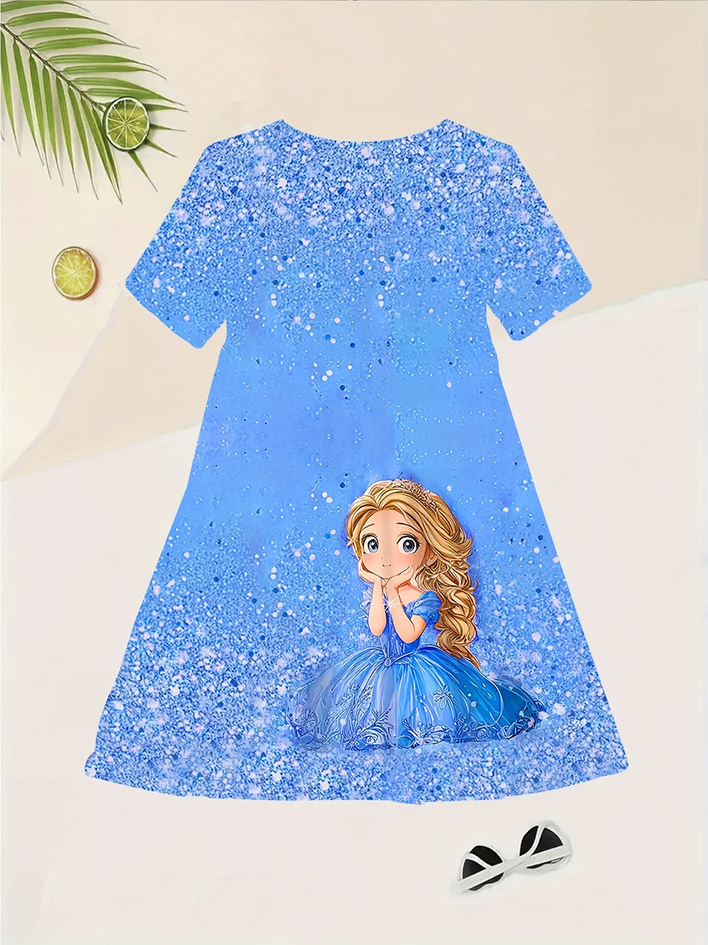 Vestido Azul Brillante con Princesa para Niña | Estampado Mágico | Tallas 5-6 a 13-14 Años