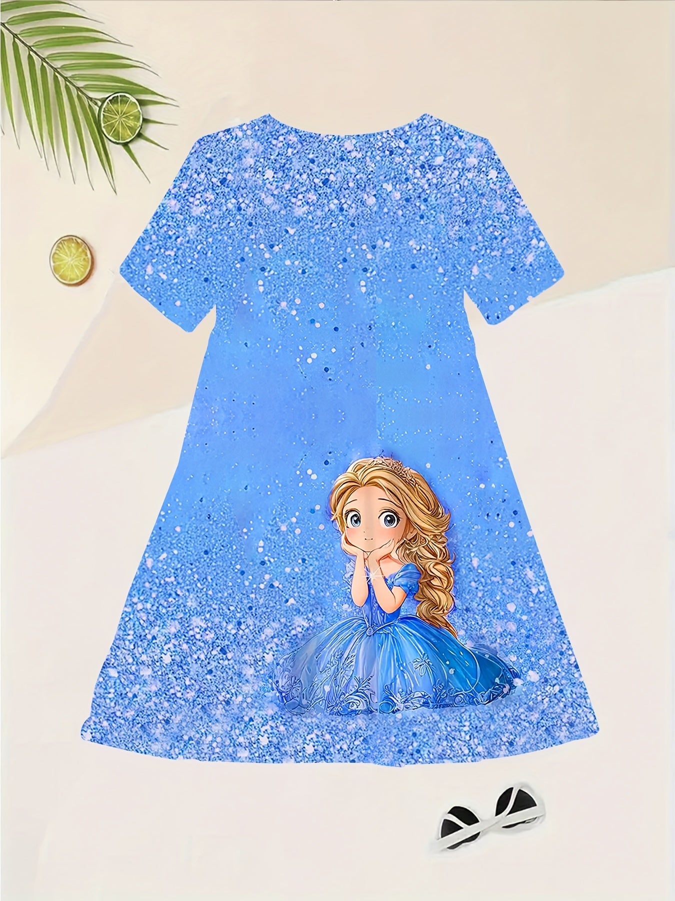 Vestido Azul Brillante con Princesa para Niña | Estampado Mágico | Tallas 5-6 a 13-14 Años