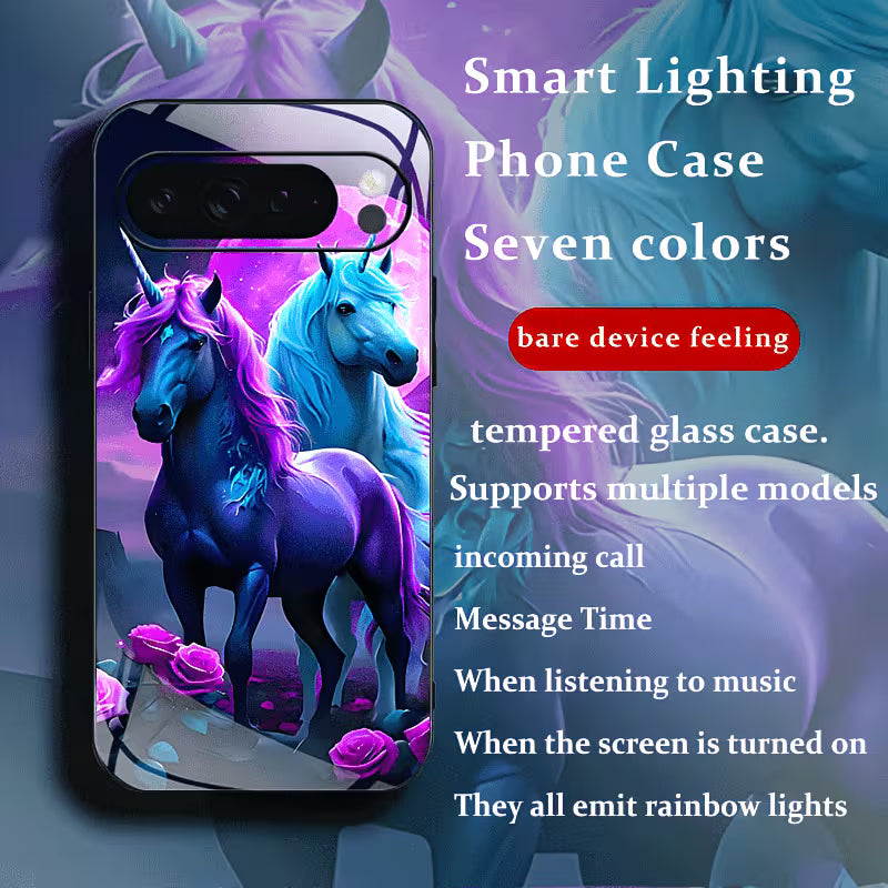 Funda inteligente Google Pixel — diseño caballos con unicornio azul y violeta, iluminación 7 colores con llamadas y música