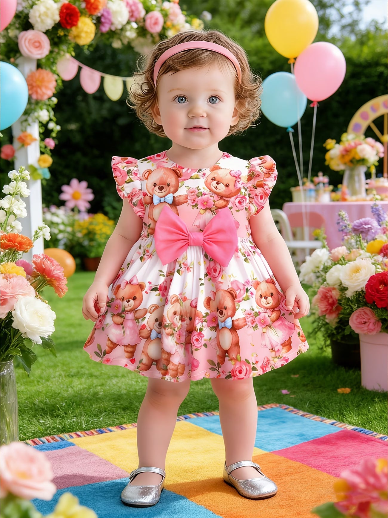 Vestido de Bebé con Ositos y Flores | Lazo Rosa | Sin Mangas | Tallas 0 a 3 Años