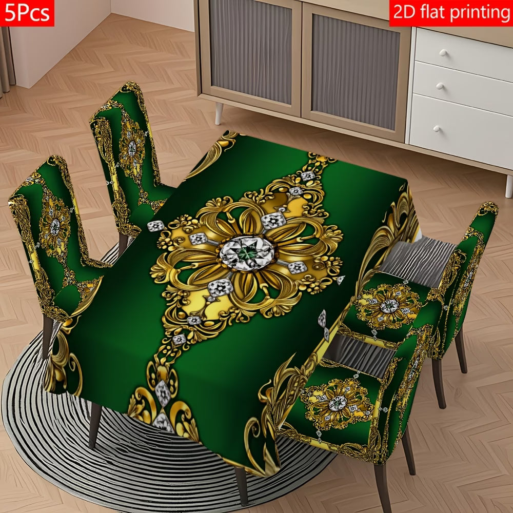 Mantel Verde Esmeralda con Ornamentos Dorados 💚✨ | Juego 1, 5 o 7 Piezas | Impresion 2D Plana