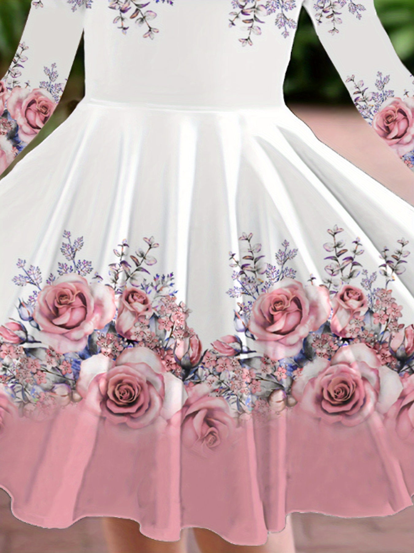 Vestido de Rosas Rosadas para Niña | Falda Giratoria, Mangas Largas, Estampado Floral | Tallas 5-6 a 13-14 Años