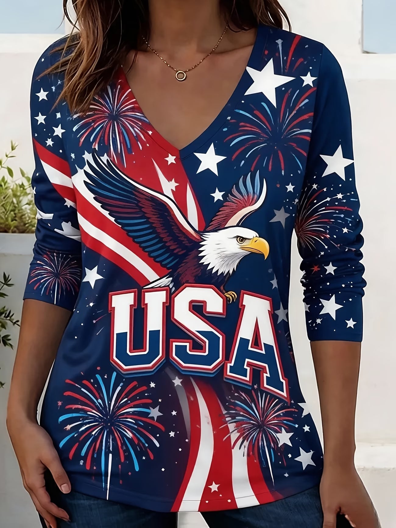 Camiseta Mujer 250 Aniversario USA | Águila, Fuegos Artificiales y Bandera | Tallas 0XL a 6XL