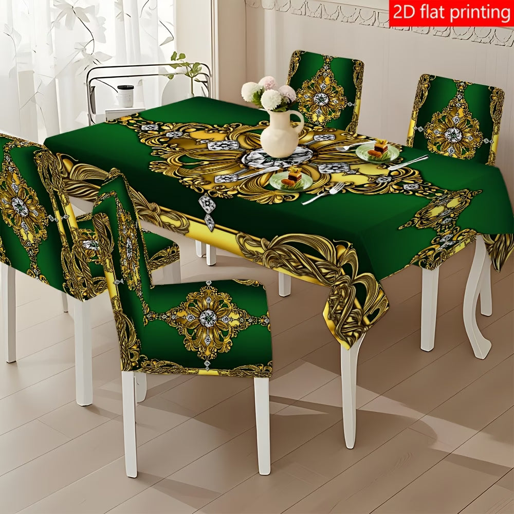 Mantel Verde Esmeralda con Ornamentos Dorados 💚✨ | Juego 1, 5 o 7 Piezas | Impresion 2D Plana