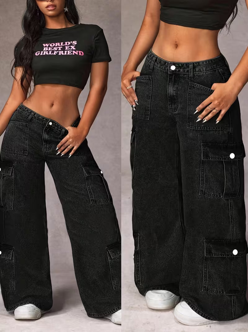 Pantalones cargo de mezclilla,  en negro para mujer de pierna ancha, casuales y elegantes