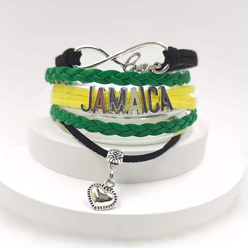 Pulsera Jamaica | Cuero Trenzado Verde Amarillo Negro | Dije JAMAICA | Estilo Boho | Unisex