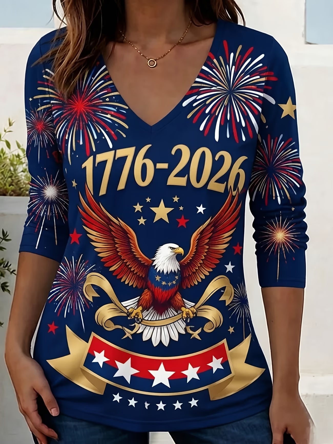 Camiseta Mujer 250 Aniversario USA | Águila, Fuegos Artificiales y Bandera | Tallas 0XL a 6XL