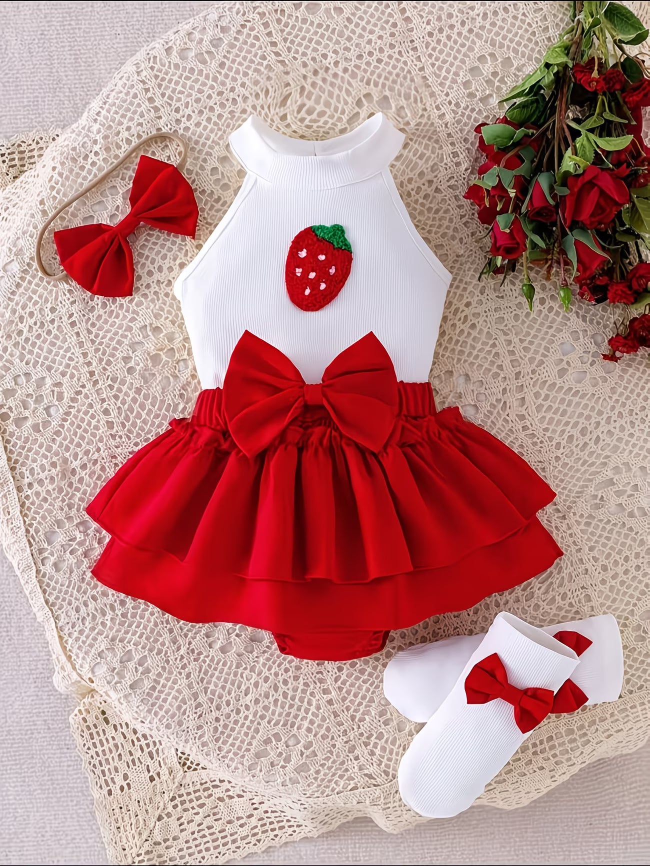 Conjunto completo de 4 piezas para niña: top halter de fresa, falda roja con lazo, diadema y calcetines