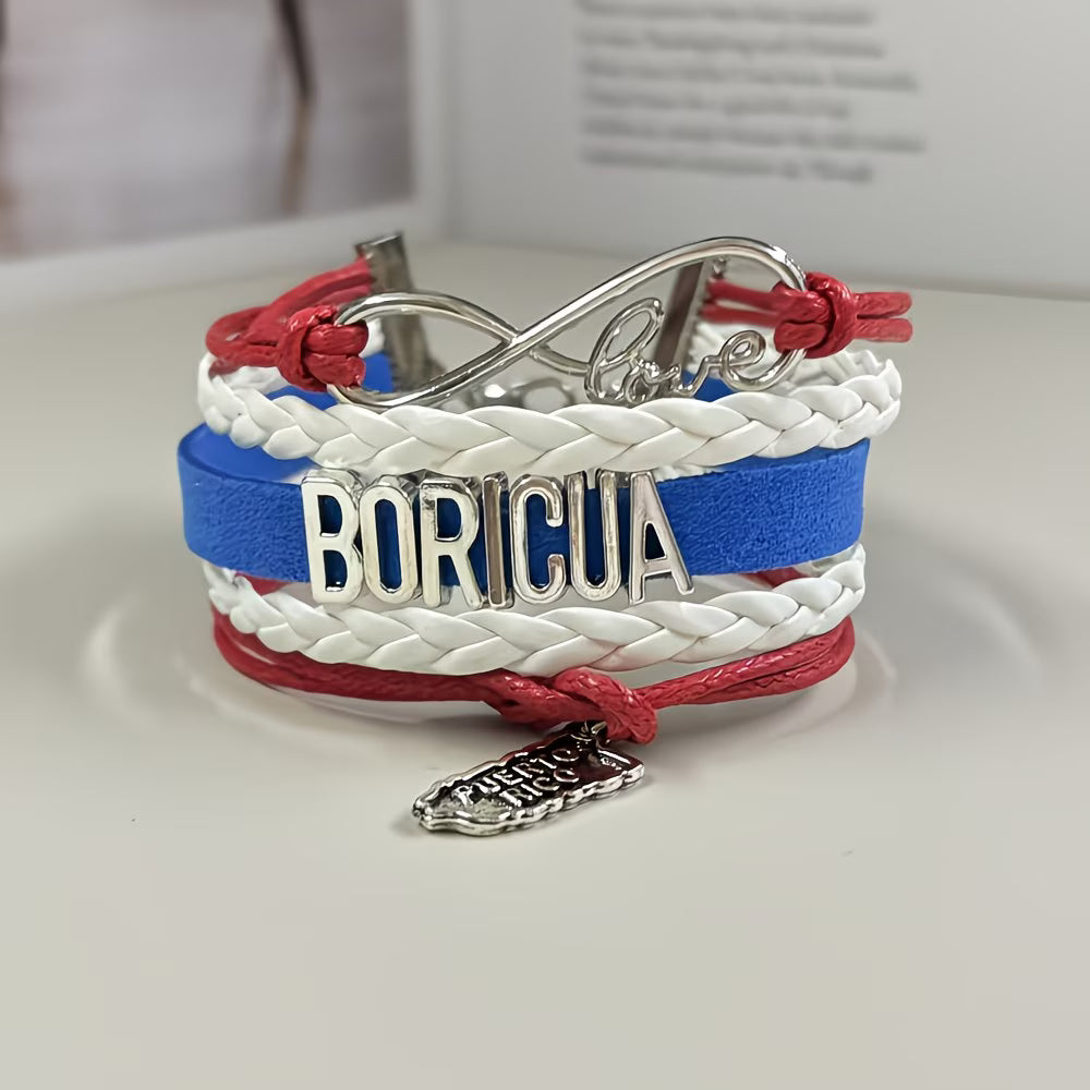 Pulsera Boricua Puerto Rico | Mapa y Corazón | Cuero Trenzado Rojo Blanco Azul | Unisex