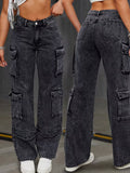 Jeans cargo negros para mujer de pierna recta, tallas grandes
