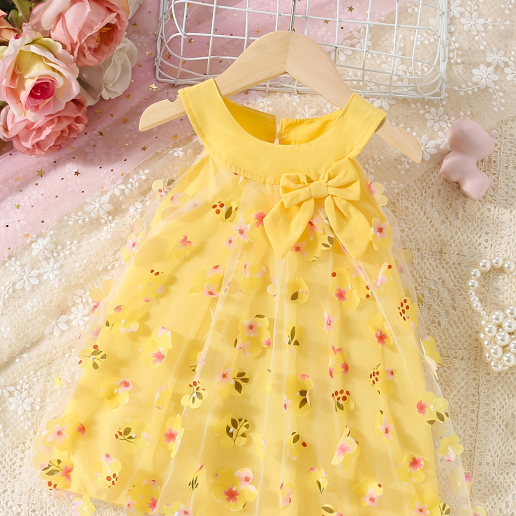 Vestido Veraniego para Bebé y Niña | Sin Mangas, Lazo y Tul Floral | Tallas 3M a 2-3 Años