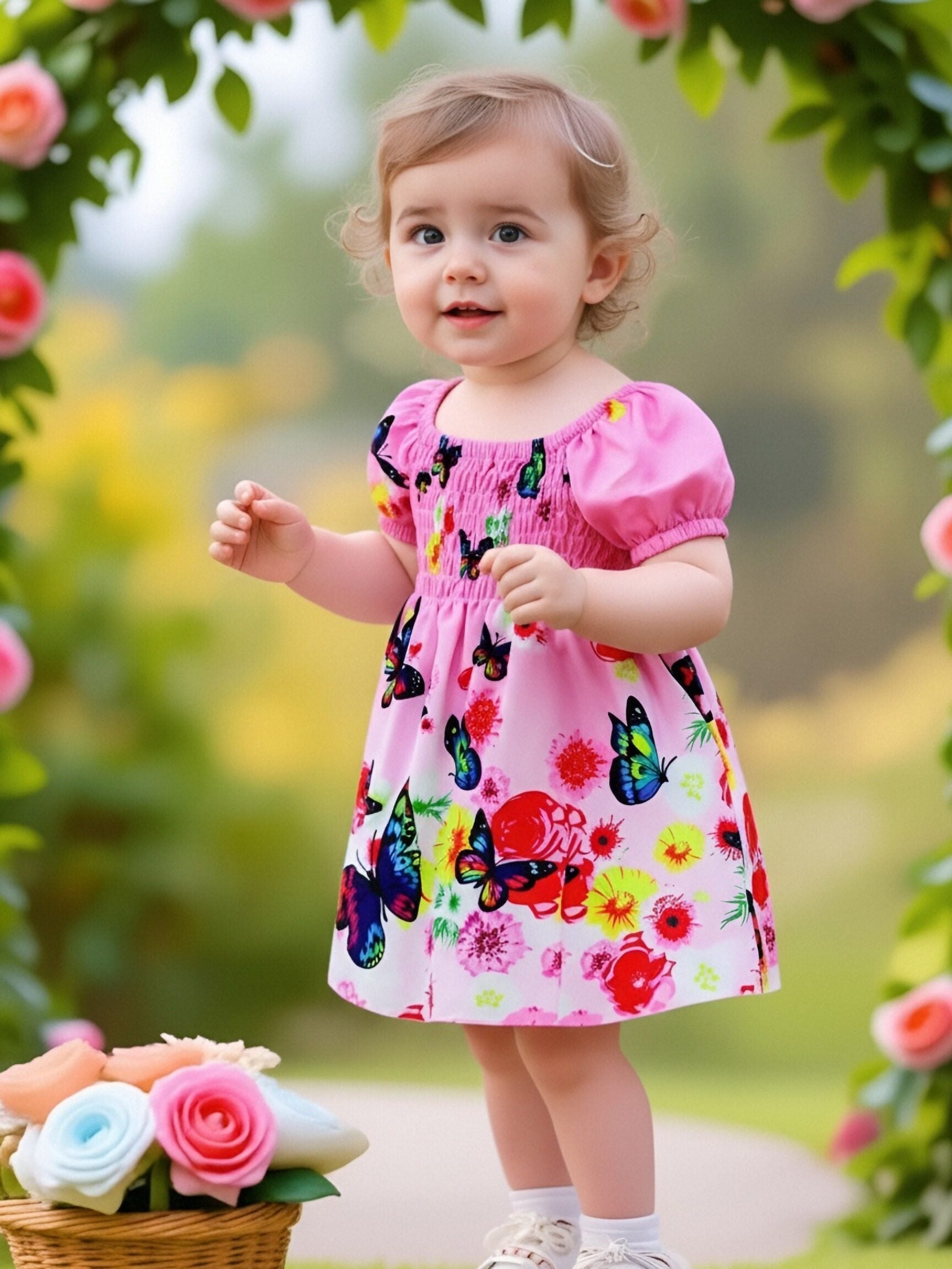 Vestido Rosa con Mariposas y Flores para Bebé y Niña | Manga Burbuja | Tallas 6M a 2-3 Años