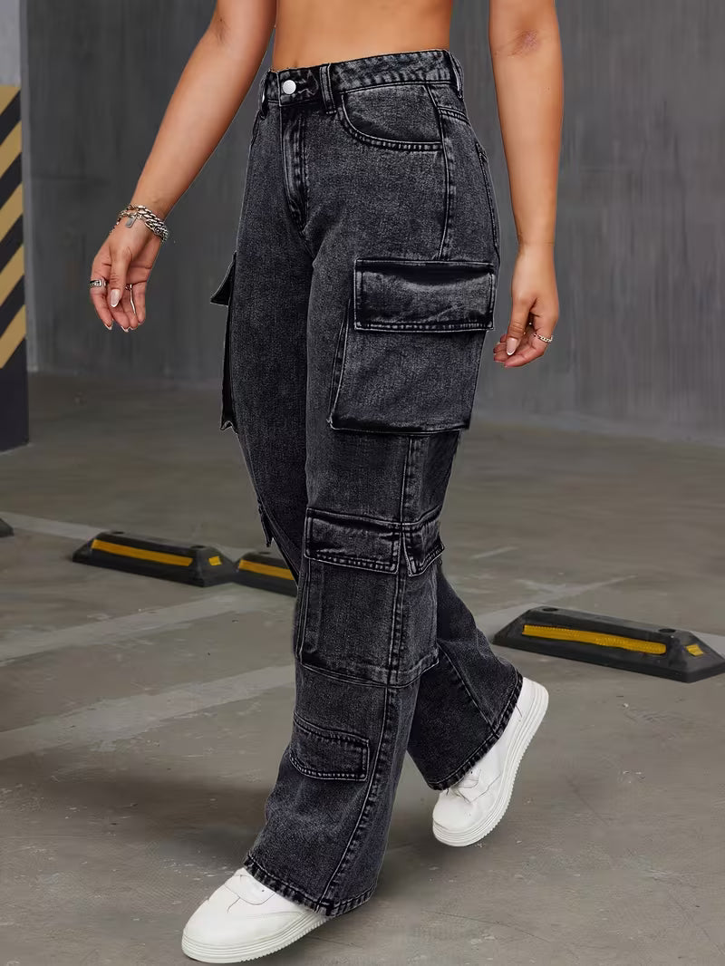 Jeans cargo negros para mujer de pierna recta, tallas grandes