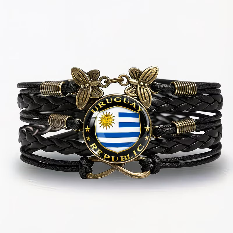 Set 2 Pulseras Uruguay Republic | Cuero Trenzado y Dije Bandera | Negro y Rosa | Unisex