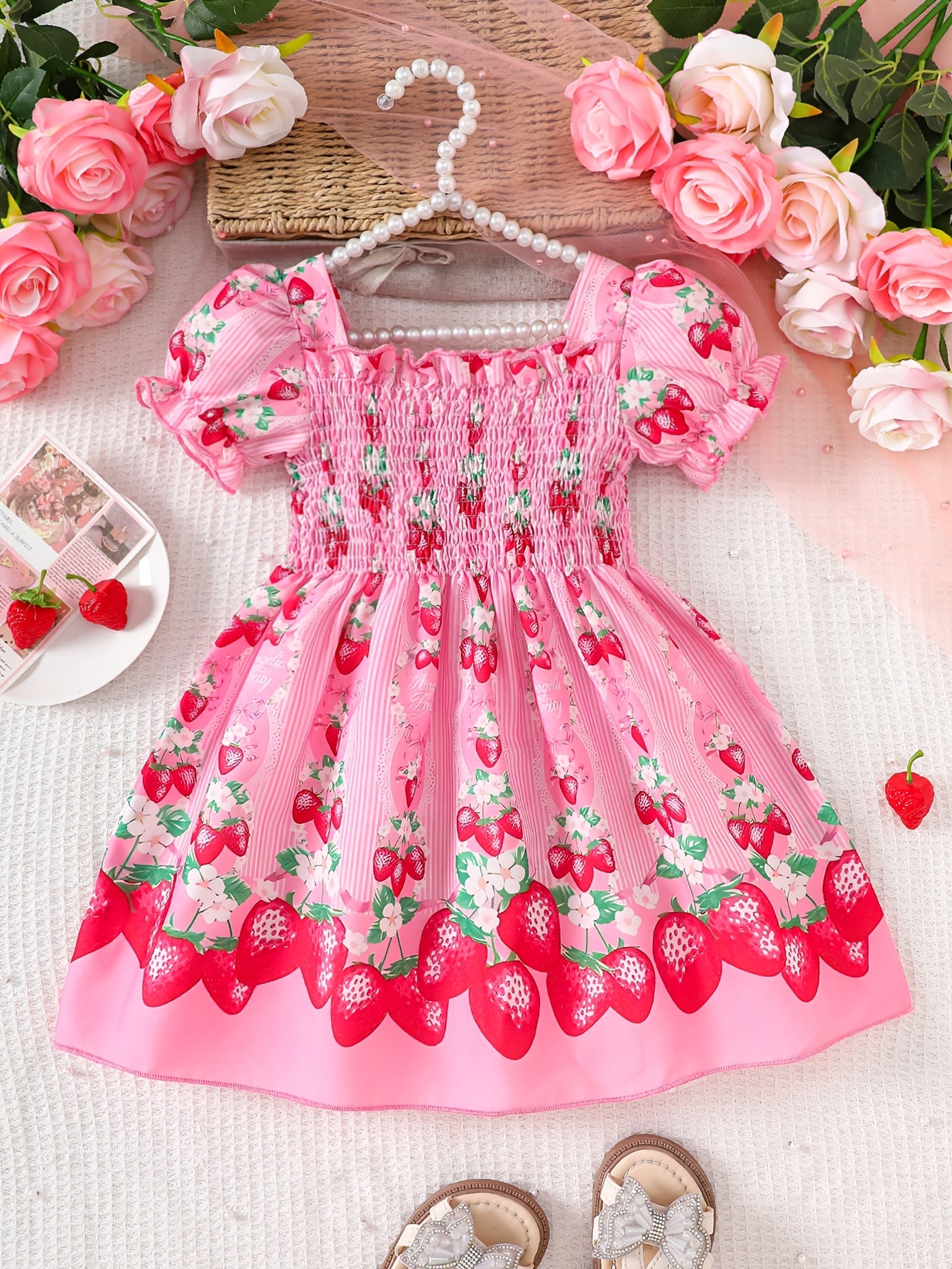 Vestido de Fresas para Niña | Rosa, Manga Burbuja, Tela Suave Arrugada | Uso Casual y Exterior