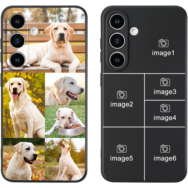 "Fundas de color negro para teléfonos Samsung.  con 6 lugares para fotos. Se le pueden imprimir 6  fotos. Tenemos  fundas para todos los modelos."