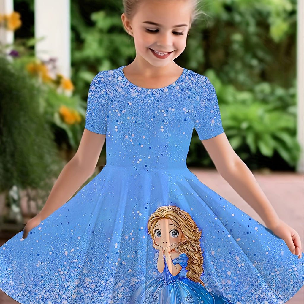 Vestido Azul Brillante con Princesa para Niña | Estampado Mágico | Tallas 5-6 a 13-14 Años