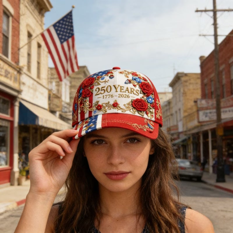 Gorra Mujer 250 Aniversario USA | Rosas 3D y Bandera | Talla Única Ajustable | 1776-2026