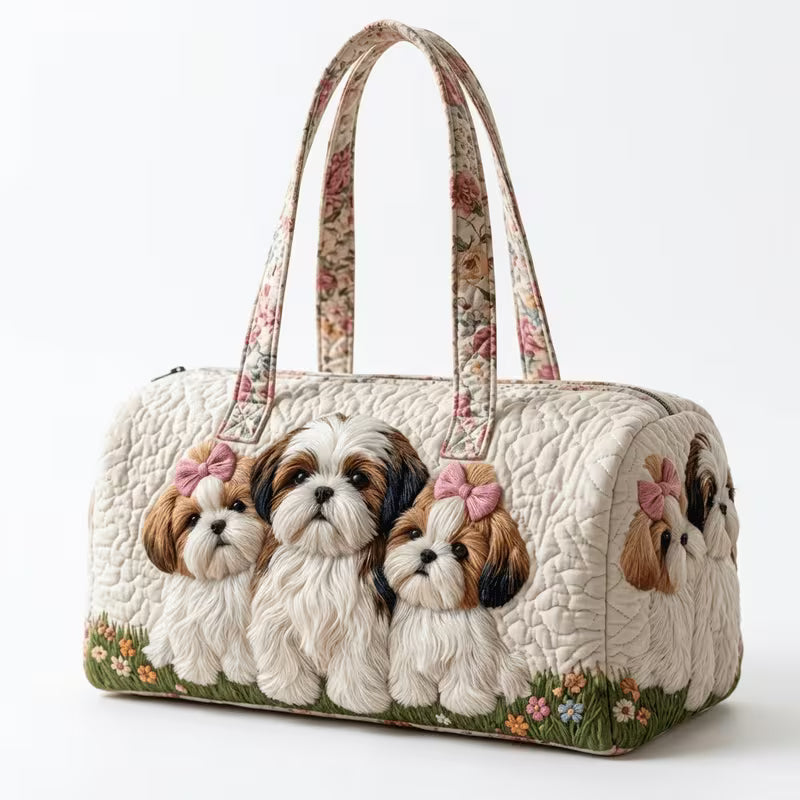 Encantador bolso tote acolchado estilo cottage core con diseño floral de cachorro Shih Tzu