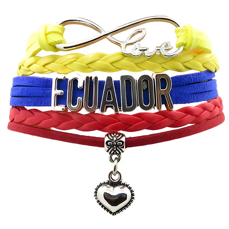 Pulsera Ecuador | Cuero Trenzado Amarillo Azul Rojo | Dije Corazón | Unisex
