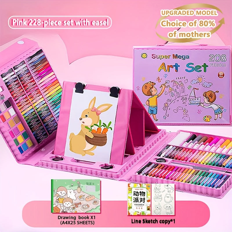 Set de Arte 228 Piezas 🎨 | Kit Completo de Pintura para Niños | Rosa y Azul | Con Estuche