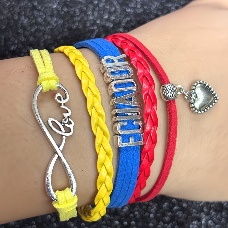 Pulsera Ecuador | Cuero Trenzado Amarillo Azul Rojo | Dije Corazón | Unisex
